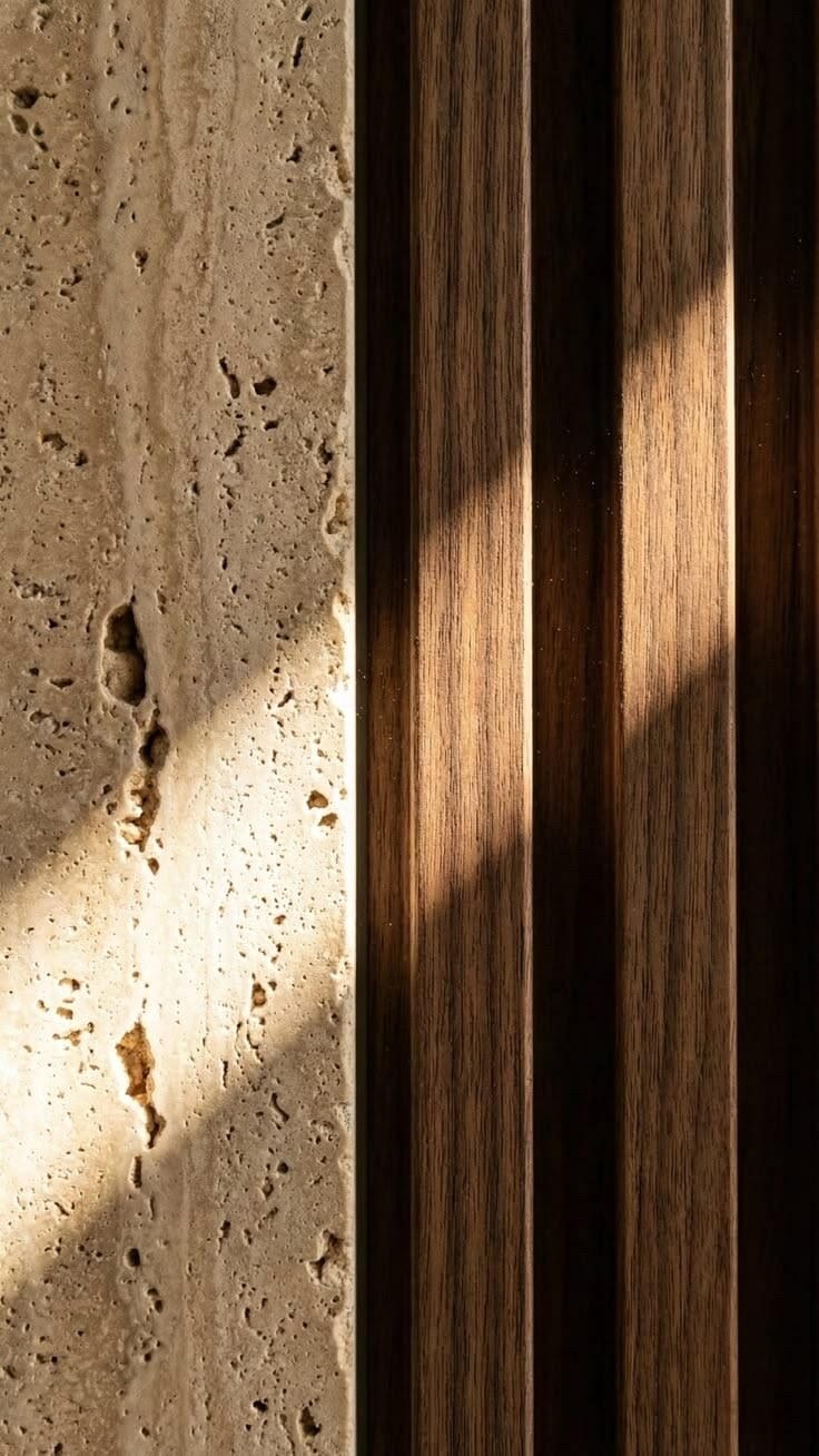 Travertino siena ir tamsaus medžio lentjuostės saulės &scaron;viesoje